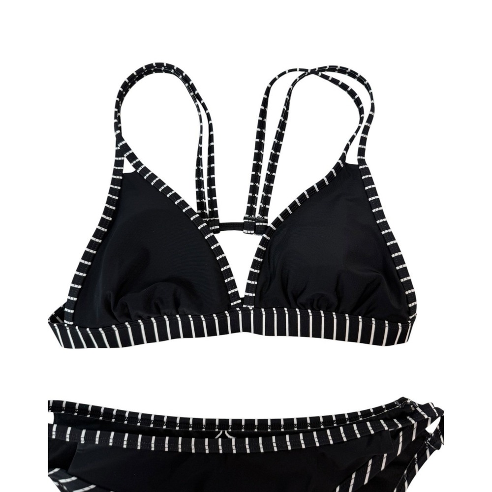 Cupshe NWT Black White Stripe V-Neck Double Strap Bikini Hip Cutout Set Small S - Picture 4 of 13